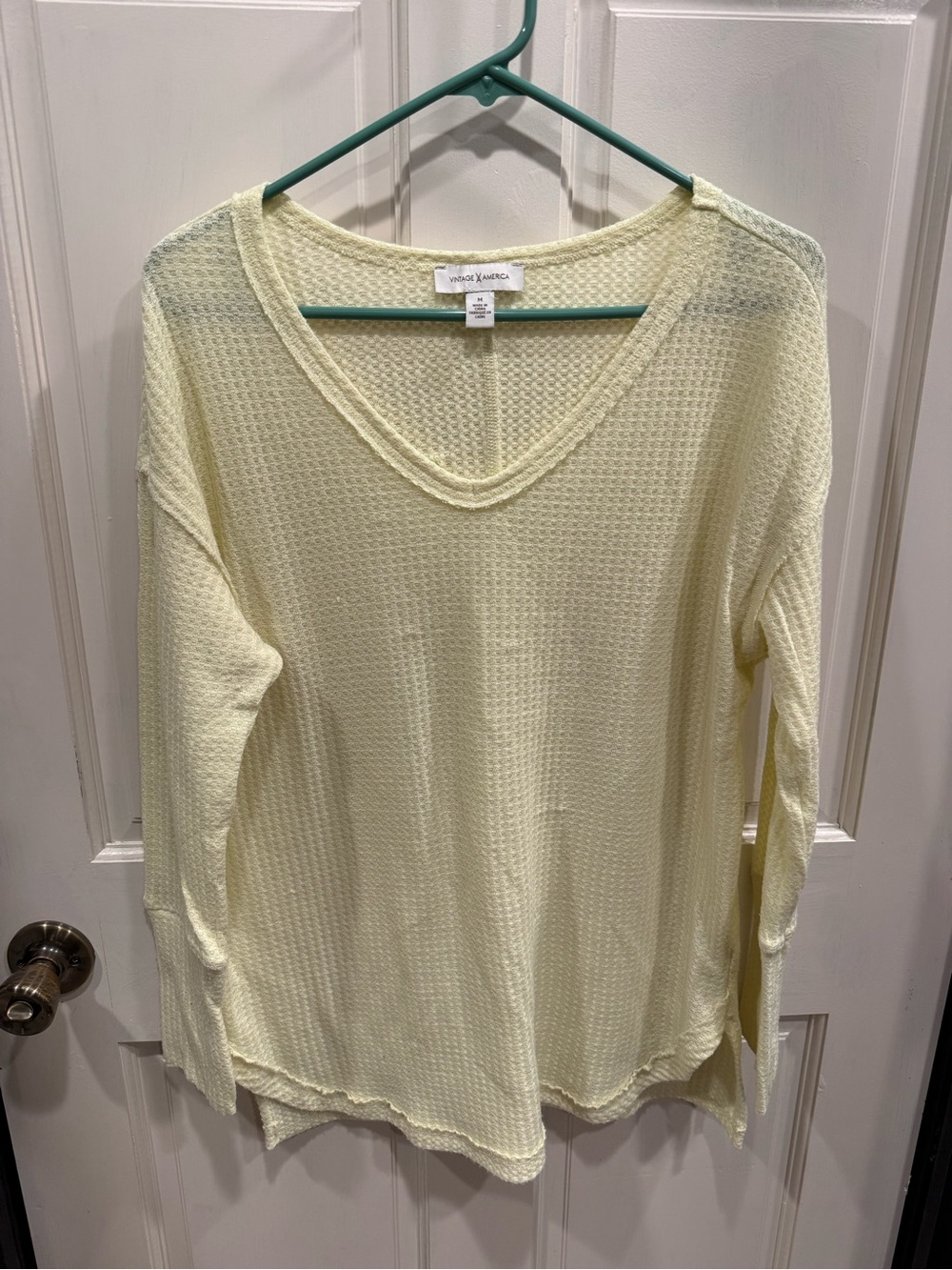 Vintage America Pale Yellow Waffle-Knit V-Neck Long Sleeve Top